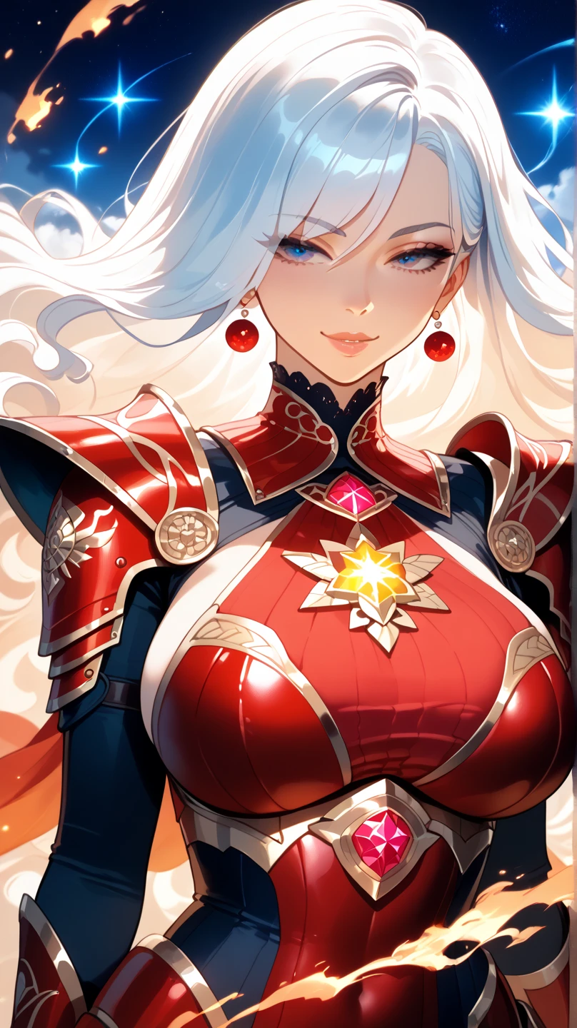 Lian, long white hair, hair stick,bangs,blue eyes, solo, smiling, standing, upper body, hips, bare shoulders,purple thighhighs,red dress, gold jewelry,armor,gloves,circlet, cleavage, red and gold royal castle, gigantic breasts, (best quality, masterpiece, beautiful and aesthetic:1.2, highest detailed face, perfect face,)  eyes, perfect face,expressive eyes,
looking at viewer, in the center of the image,(Upper_body),(Focus on her face),
official art,extremely detailed CG unity 8k wallpaper, perfect lighting,Colorful, Bright_Front_face_Lighting,shiny skin, 
(masterpiece:1.0),(best_quality:1.0), ultra high res,4K,ultra-detailed
