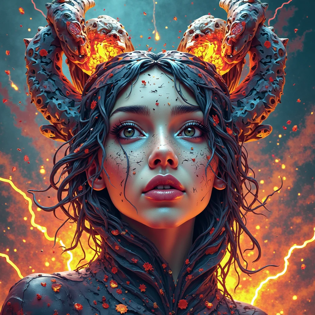 A woman's face in cubist art NFT 3D woodcut colorful sphinx on fire with horns giant angry destroyer setting fire through the mouth with lightning with flashy rain