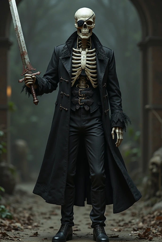 (best quality,4k,8k,highres,masterpiece:1.2),ultra-detailed,(realistic,photorealistic,photo-realistic:1.37),skeletal ragged clothes,holding a sharp knife ,standing, focusing on the skull, hyper-detailed full-body portrait, surreal artwork, horror genre, dark and moody color palette, dramatic lighting