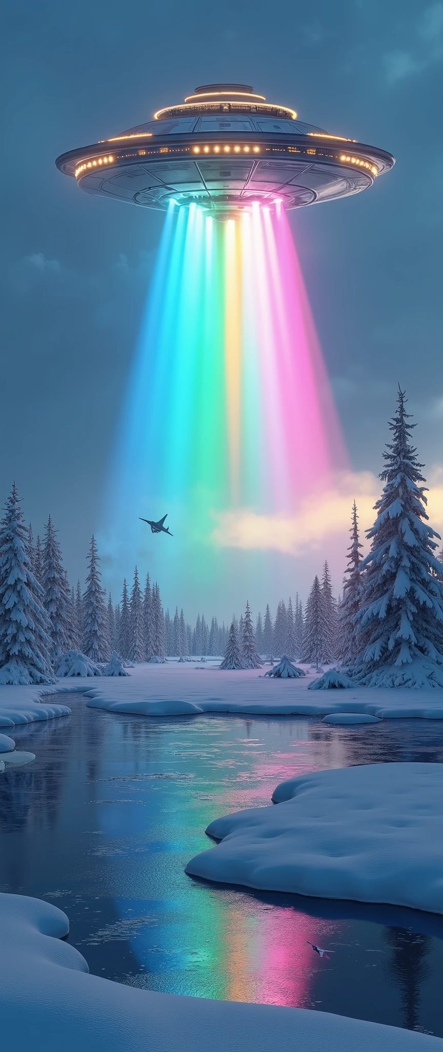 high res images、creative images of the Siberian tundra region、UAP over the forest、UFO firing seven color rays into the Siberian forest、under a dramatic blue sky((masterpiece))、 Calm ice and forest 、Scenery of MiG-25 flying vigilously in the distance 。