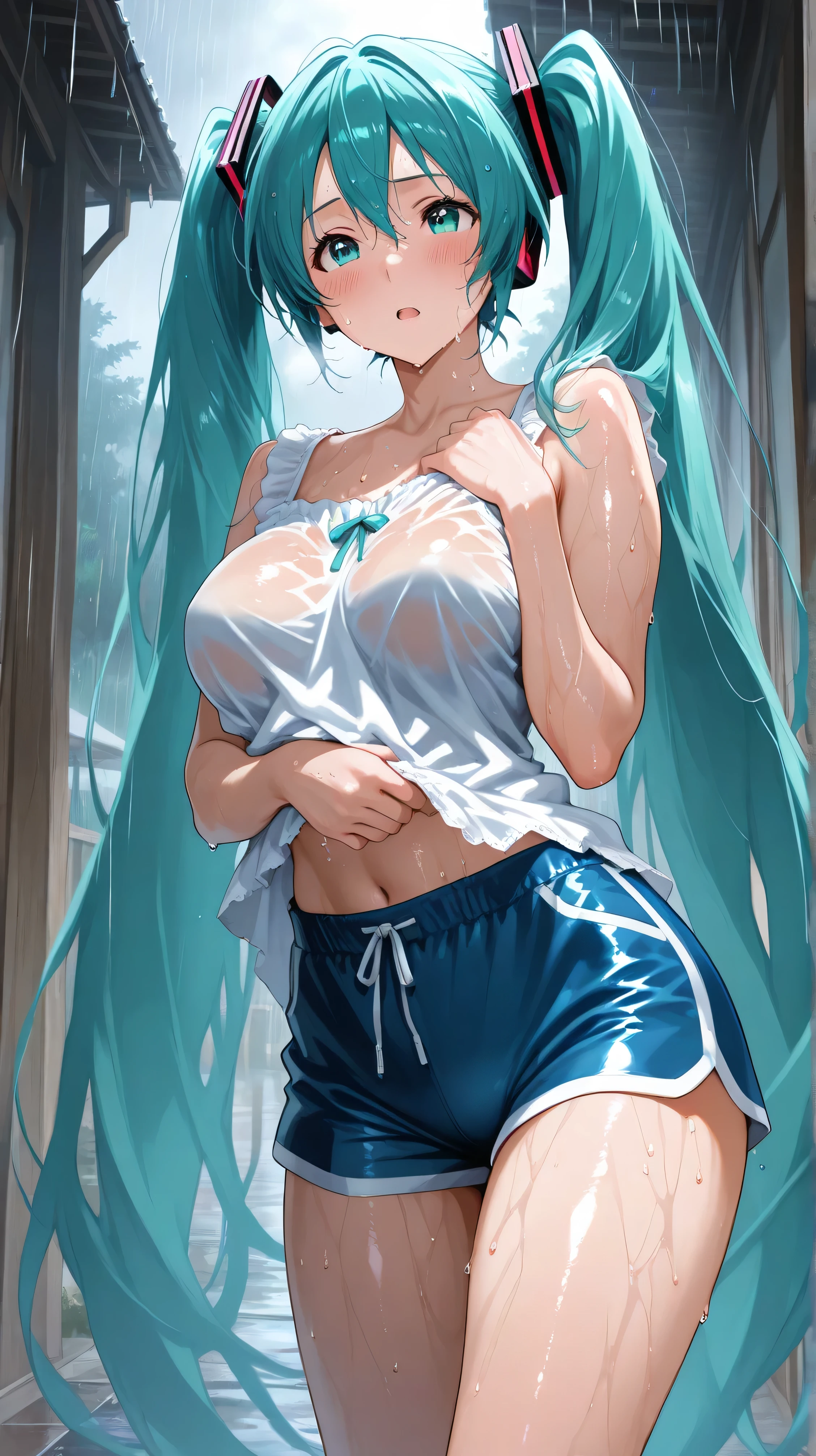 (best quality: 1.2), clean face, (masterpiece: 1.2, 8k)(PureErosFace_V1: 0.7), perfect anatomy, 1girl,a beautiful fashion model ,(masterpiece, official art, best quality) (wet skin, shiny skin) ,long and shiny hair, blue hair with streaks in hair, long hair, full lips, upturned nose , cleavage, looking at viewer, revealing outfit, absurdity, intricate details, , dynamic pose, club, dancing, , , (highly detailed skin: 1.2), wearing
short shorts and a tight white top, cleavage, torn clothes, visible thong straps