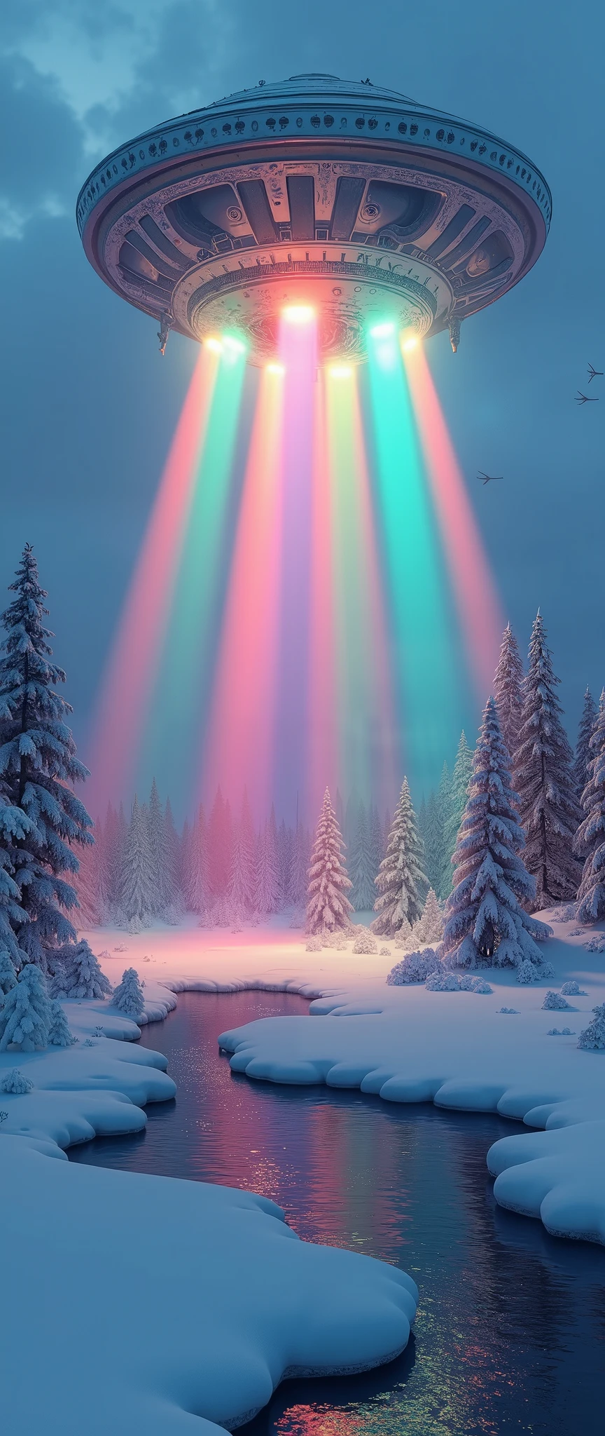 high res images、creative images of the Siberian tundra region、UAP over the forest、UFO firing seven color rays into the Siberian forest、under a dramatic blue sky((masterpiece))、 Calm ice and forest 、Scenery of MiG-25 flying vigilously in the distance 。