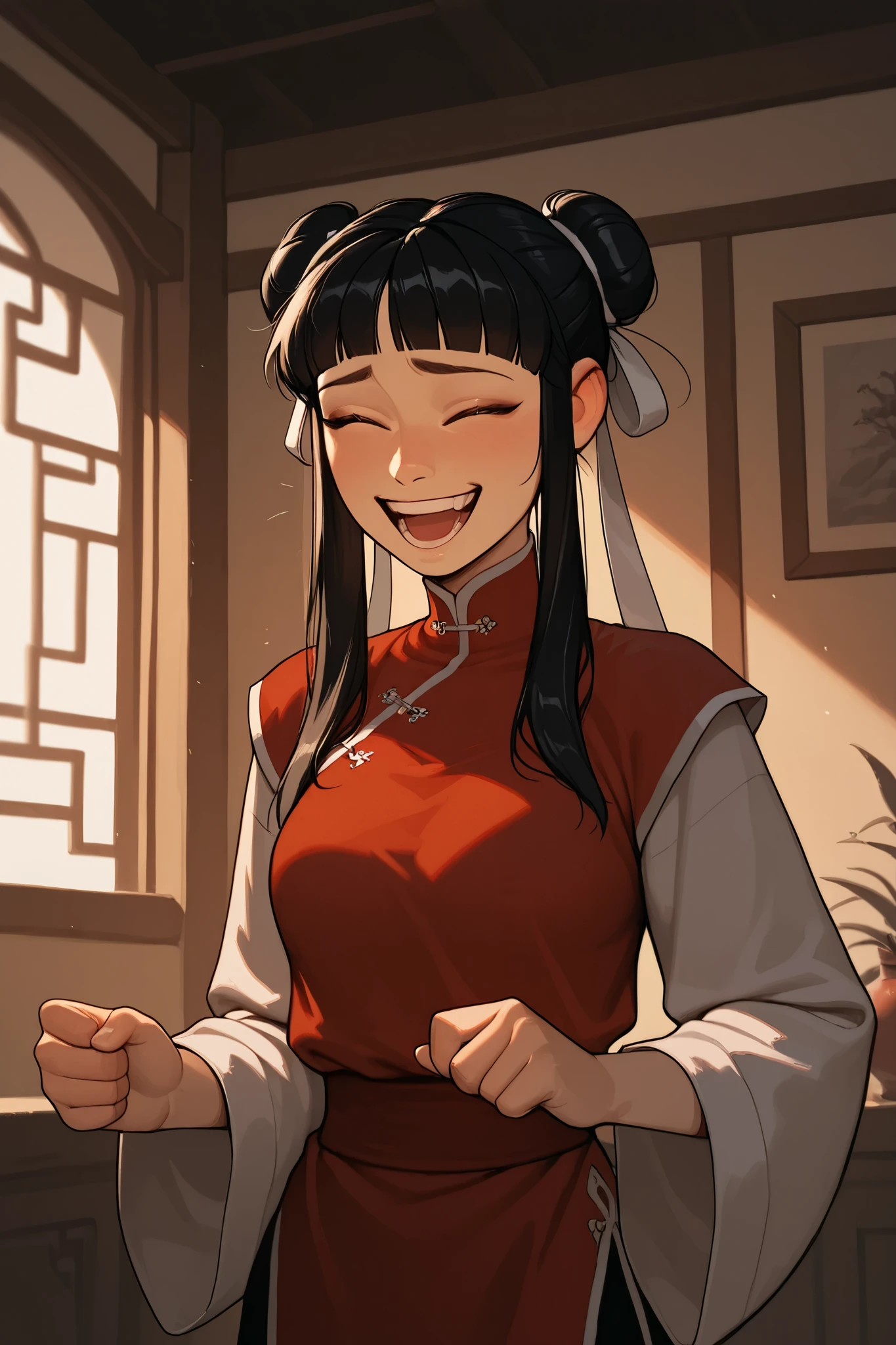 1girl, Mai, sidelocks, long hair, black hair, lunt bangs, hair bun, double bun, chinese clothes, turtleneck, long sleeves, wide sleeves, breasts, incoth, (incase:0.6), laughing, indoors, medium shot