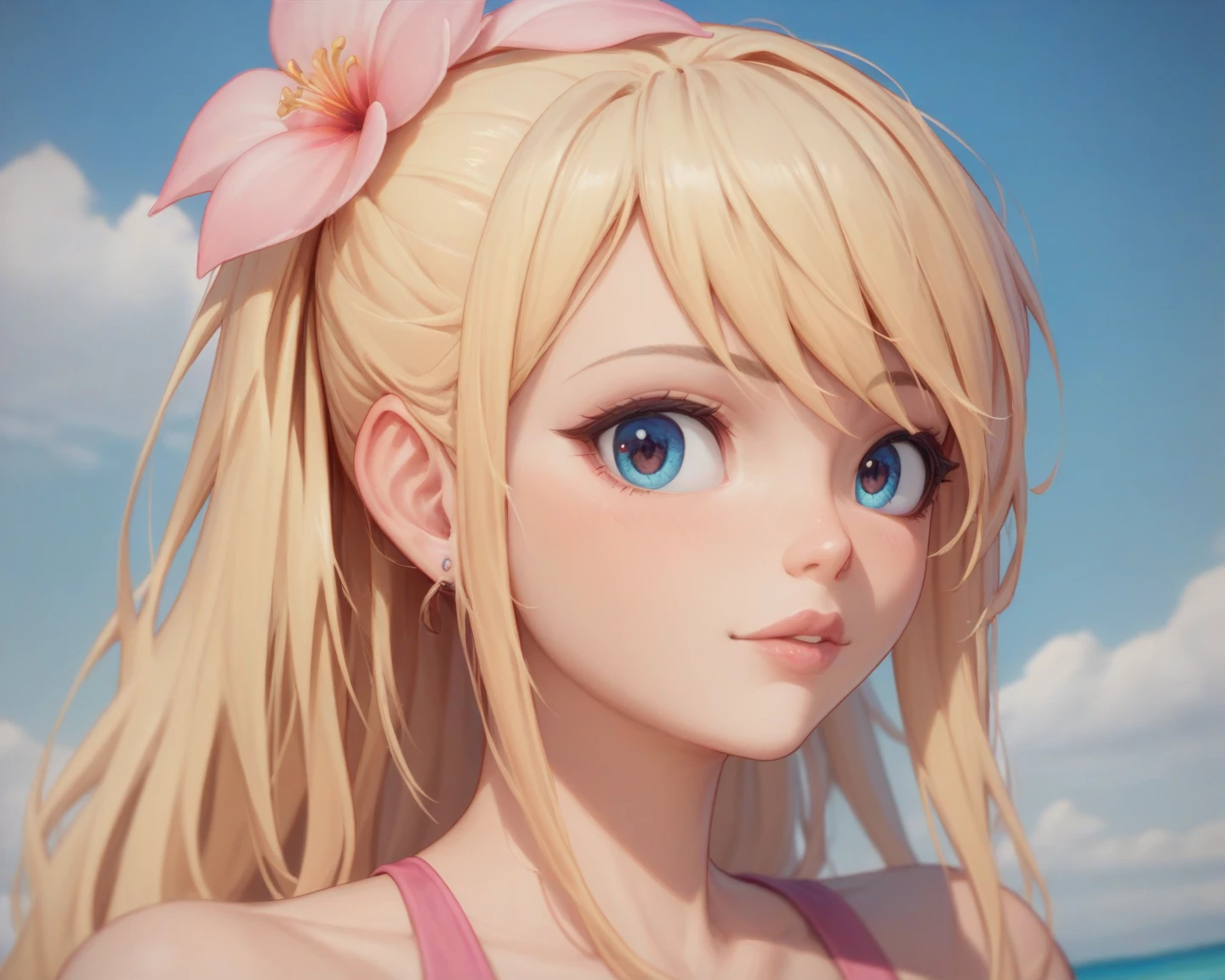 baby face, (very long gold hair:1.5,sidelock:1.5,ponytail), (photorealistic:1.4), (masterpiece, sidelights, exquisite beautiful eyes: 1.5), masterpiece*portrait, realistic, 3D face,,kawaii face,front view: 1.5、 (glowing blue eyes:1.2),plump face:1.5,(tareme:1.5)、(evil smile:1.2),Rosy Mouth,Slim Body,abs, shiny hair, shiny skin: 1.5、large breasts,solo,()、(micro bikini)、(wet hair, body, bikini)、(charactor focus:1.5、portrait、cowboy shot),beach