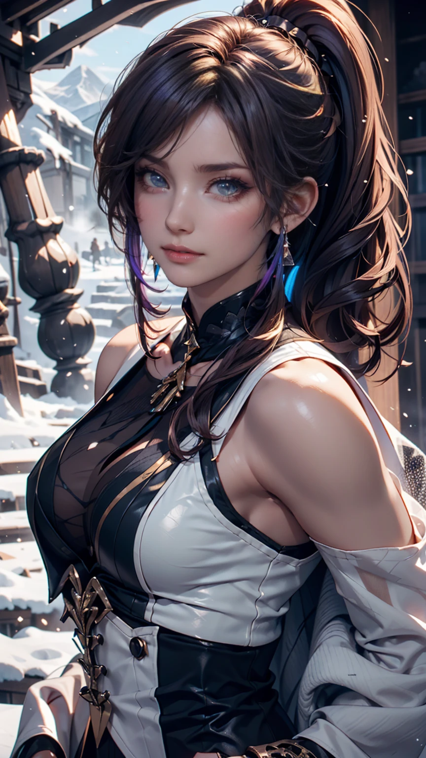(logo, masterpiece, 8K, Tabletop, RAW Photos, wonderful, 最high quality, Photorealistic and very detailed CG composite 8k wallpaper, high quality, Very detailed, Narrative poem, Particle Effects, Dynamic Effects, Depth of the Boundary, Cinematic Light, Lens flare, Ray Tracing), short hair beautiful young woman, Hair tied back, high detail skin, very fine, fine skin texture, beautiful face, realistic eyes, beautifully detailed eyes, realistic skin, beautiful skin, surreal, smiling eyes, Hair and light eyes, Vibrant, Colorful lights and bokeh. The lighting casts a warm glow on her face and hair, Blue glow, Water surface reflection, Creates a dreamy and magical atmosphere, Big Breasts, Brown Hair, short hair, plump lower lip, pink blush on the cheeks , pink lips, brown tight no-shoulder knit sweater