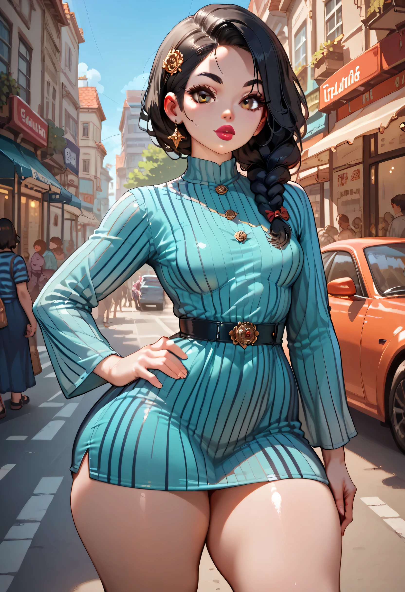 on street, perfect face, side braided, black hair, black eyebrows, thin eyebrows, big eyes, brown eyes, full lipstick, beautiful woman, striped tunic round dress, small breasts, hand on hip, (thick thighs:1.3), looking at viewer