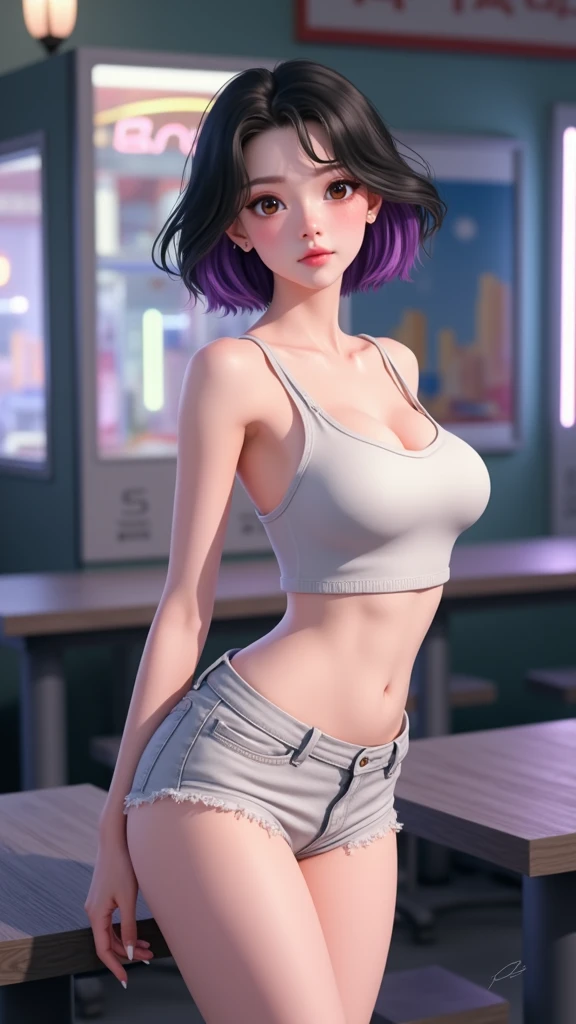 (a black girl,purple hair,green eyes:1.1)slender,athletic,(yellow tank top,black latex pants,a denim jacket:1.1),yellow sneakers(big boobs:1.1, nsfw:1.1,big ass:1.1)
(best quality,4k,8k,highres,masterpiece:1.2),ultra-detailed,(realistic,photorealistic,photo-realistic:1.37),portraits,vivid colors,HDR,professional,studio lighting,bokeh