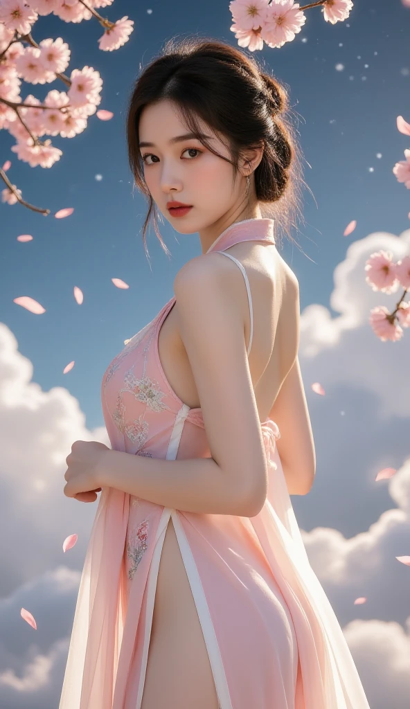 Woman, 30 years, romantic clothes, makeup, pink lips,  cinematic lighting, bloom, bokeh, from above, UHD, masterpiece, textured skin, super detail, high quality, seductive posture, butt, magic effects, flowers