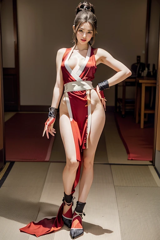mai shiranui, Brown eyes, (Full body portrait:1.4), (Standing), Full body, Prestige, Long hair, Brown hair, White ribbon, Sleeveless, poneyTail, sash, pelvis curtain, arm guards, mitts, (tabi:1.4), fascinated expression, Sexy eyes, medium breasts, Smile, Cute, view the viewer, Long hair, Close to Japan temple, (breasts focus:1.2), (Realistic:1.2), (Full Shot: 1.2), (Realism), (masutepiece:1.2), (Best Quality), (ultra-detailliert), (8K, 4K, Convoluted), (85 mm), light Particle, Lighting, (Highly detailed:1.2), (Detailed face:1.2), (gradients), SFV, Colorful, (Detailed eyes:1.2), (Detailed temples of Japan: 1.2),(Detailed background), (Dynamic Angle:1.2), (Dynamic Pose:1.2), (Line of action:1.2), Wide Shot, Daylight, Solo.