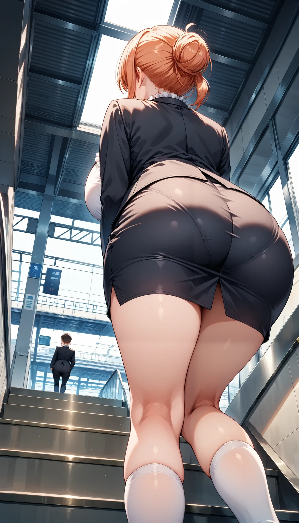 best quality,8k,1girl,(huge breasts),small head,(facing away),yuigahama yui's mother, orange hair, single hair bun, black suit,business suit, white shirt, frilled shirt, pencil skirt, medium skirt,black skirt,white kneehighs,train station,(from behind,from below,inside,School stairs,Climbing stairs:1.1),pantylines