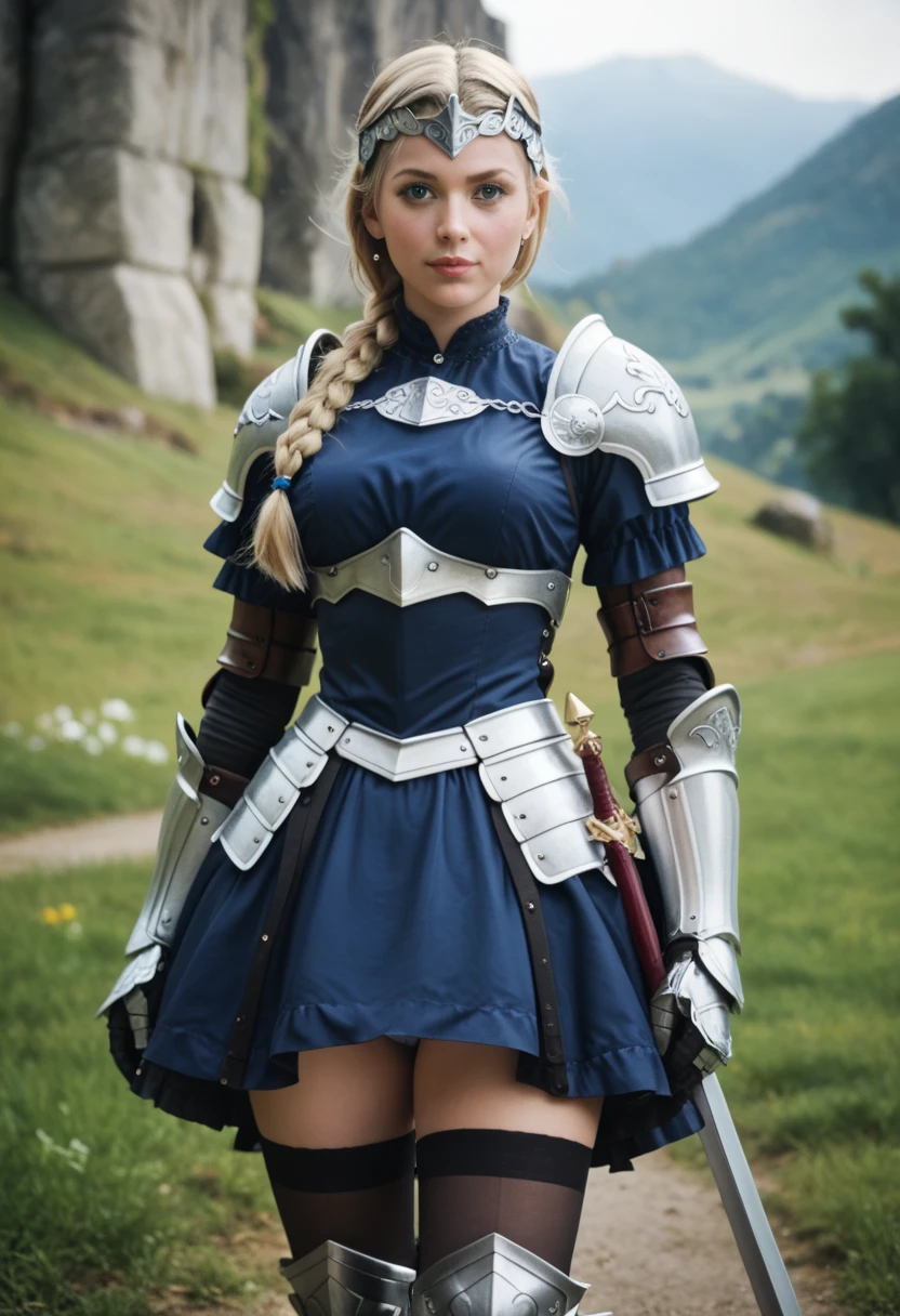 Warrior blonde, costume, best quality, 8k, wallpaper, hyper detailed, hyper realistic, short skirt, blue skirt, white panties, panties appearing, thong, realistic, D&D, cameltoe, back, pantyshot, upskirt, Steel gauntlets, steel boots, steel breastplate, RAW, medieval fantasy,