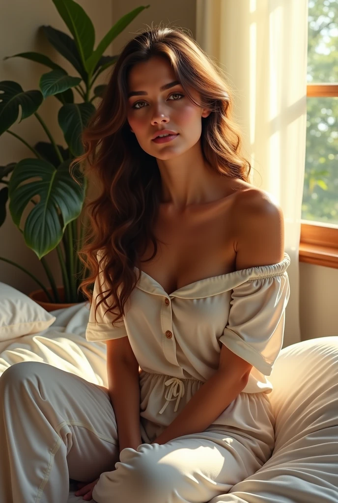 (photorealism:1.2), beautiful woman, sitting on bed, wearing loose off-shoulder top, pajama pants, long curly hair, indoors, soft lighting, plants in background, window with sunlight, cozy room, relaxed pose, realistic, intricate details, warm colors, by Greg Rutkowski, by Alphonse Mucha