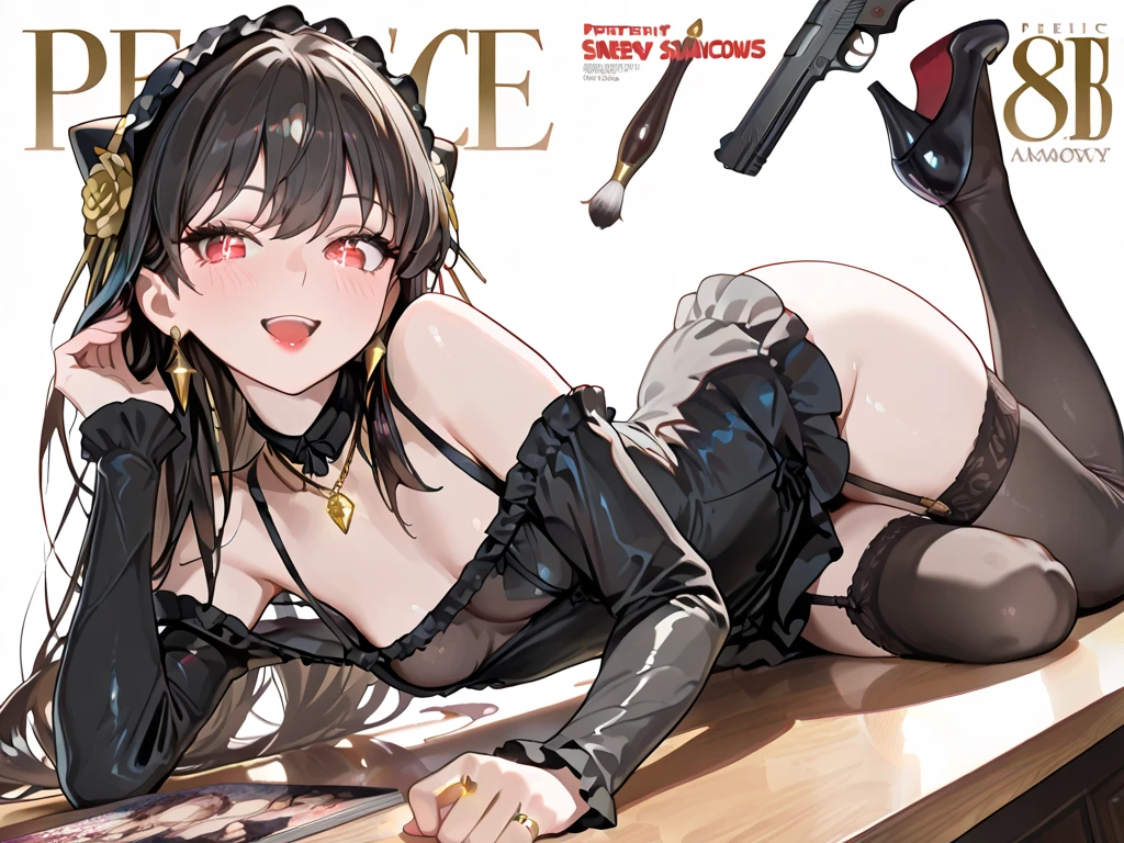 (small breasts:1.2), (perky chest:1.2), (pointed chest:1.2), (Pudding cake magazine cover:1.3),(from above:1.0),(shoot from the side:1.1),masterpiece, 1girl, Amazing Cleavage:1.1, thin waist, optimum,tmasterpiece,hight resolution,best qualtiy,hyper HD,super detailing,awardwinning,a 18yo cute girl,(The upper part of the body),??????? correct,Beautiful Black miniskirt,garters,Gaze,Small face,bangss,holster,Beautuful Women,hands up,leg holster,Gaze,black boots,Cowboy Shot,cute face,a blond,Longhaire,Twin-tailed,Braids, Hairline,(scarlet eyes),long eyelasher,Hanging eye corners,White skin of the, ((see through camisole:1.1)), ((Sheer nipples:1.0)),Rocket Tits,(Slim body),smile,seductive weak smiling,(with sparkling eyes and a contagious smile),little open mouth, Looking at Viewer,