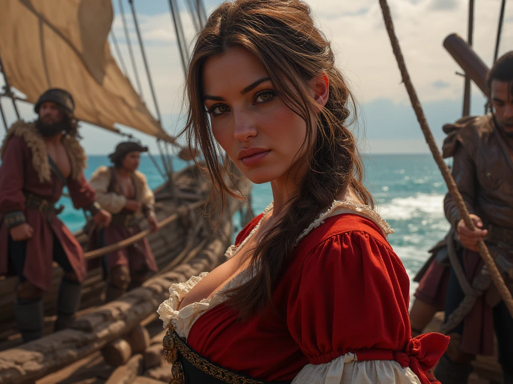 a portrait of a woman pirate holding a ((sword: 1.5)) on a pirate ship ready for battle, ((full body: 1.5)), ((anatomically correct: 1.5)), (ultra detailed face: 1.2), looking tense, looking dangerous, dynamic eye color. dynamic hair color, dynamic hair style dynamic skin complexion, wearing 18th century white button shirt, busty , wearing wearing high heeled boots, sunny day, sun rays, some clouds,18th century pirate ship background, vibrant, Ultra-high resolution, High Contrast, (masterpiece:1.5), highest quality, Best aesthetics), best details, best quality, highres, 16k, (ultra detailed: 1.5), masterpiece, best quality, (extremely detailed) RAW, (ultra details, Masterpiece, best quality), Hyperrealism style, holding sword, Intense gaze, holding sword rapier