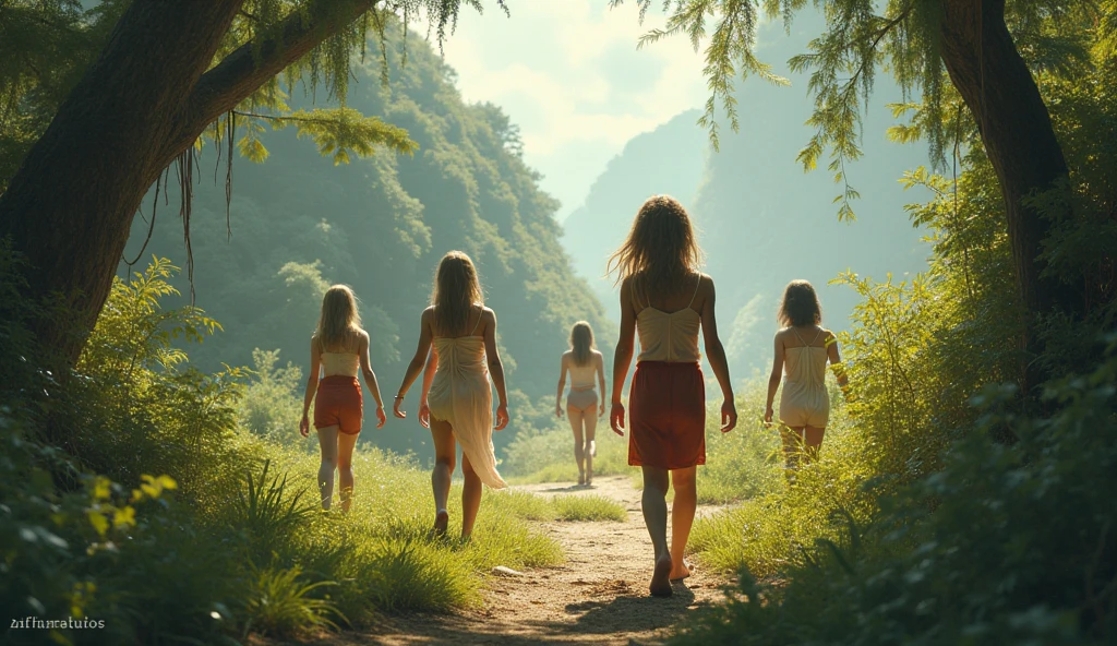 Clear, high-resolution image, like a Leonardo da Vinci painting, of a group of girls swimming in the river and playing with the water, each one splashing water on the other, the river is in the middle of the forest, there in front of them is a soft, yellow light in the depths between the trees, in the middle of it appears a group of wolves, their eyes shine like lamps, the girls carry sticks and stones to defend themselves, at sunset, a perfect image 