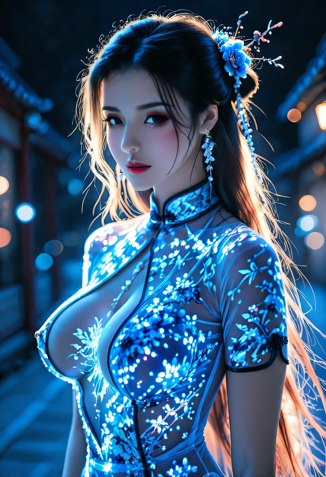Score_9, score_8_up, score_7_up, , 1girl, long_hair, portrait, 3/4 body, china transparent silk dress, dress, hair ornament, necklace, jewelry, long hair, earrings, chinese clothes, glowing cheongsam, rating_explicit, perfect breasts, bioluminescent, magical lighting, complex and hyperdetailed setting