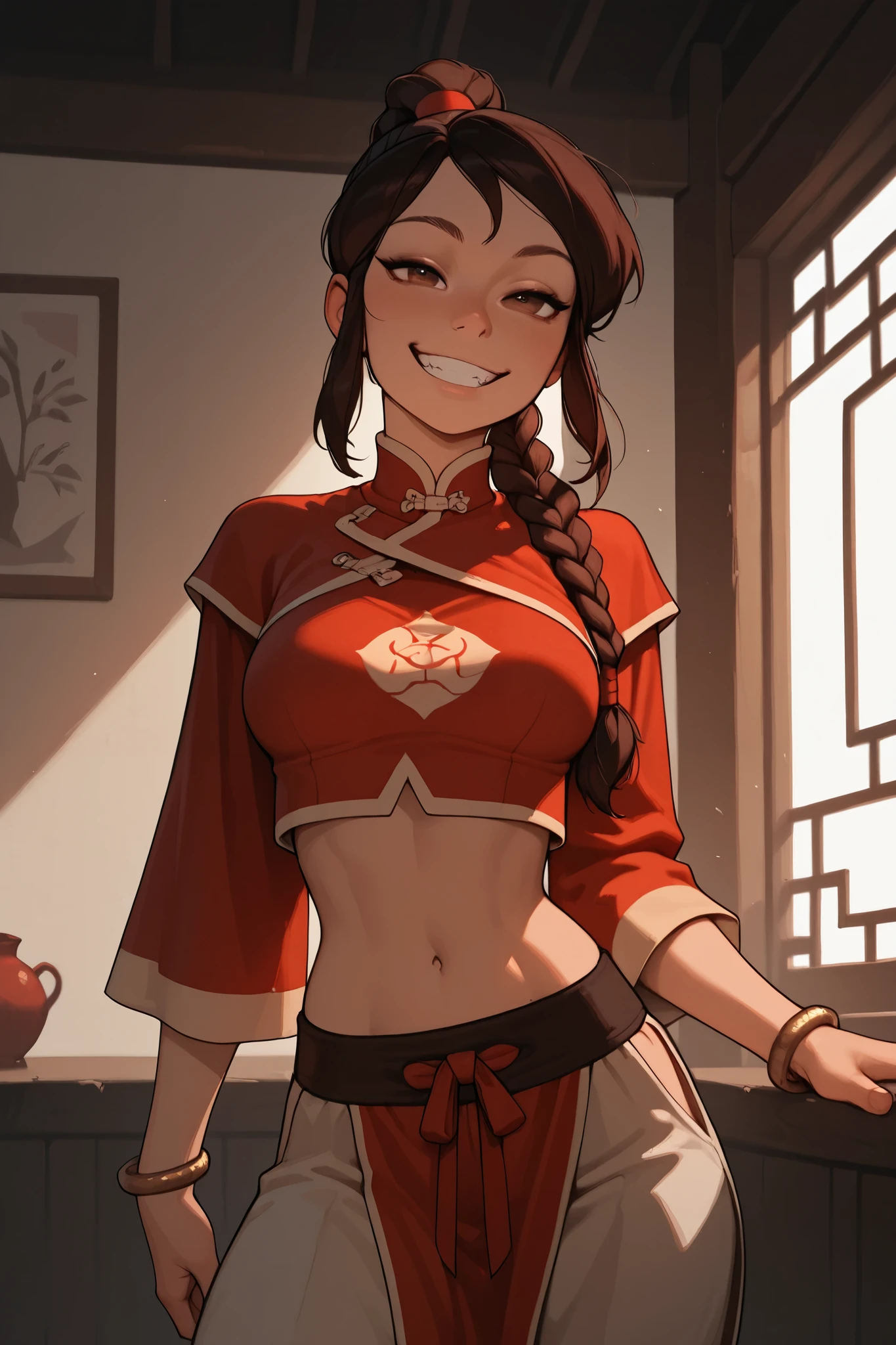 Ty Lee, long hair, brown hair, ponytail, braid, single braid, chinese clothes, bracelet, capelet, navel, midriff, pelvic curtain, pants, breasts, incoth, (incase:0.6), wicked grin, indoors, medium shot