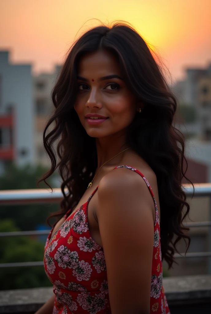 Smiling Beautiful biracial latina woman, long wavy blue hair , blue eyes, large breast, look back in front of Taj Mahal in India, wear India clothes, Résolution Haute,