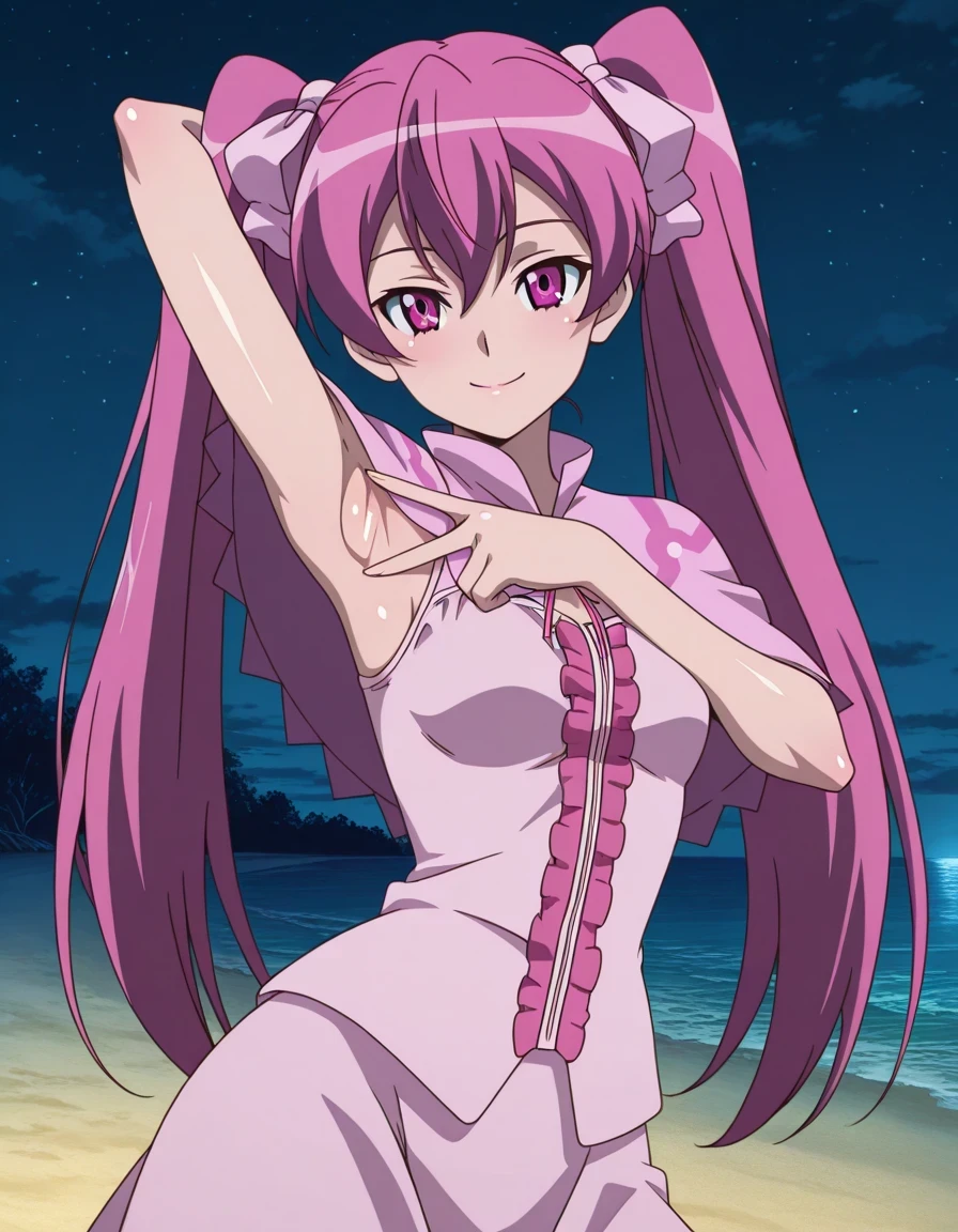 mine, long hair, twintails, pink hair, pink eyes, small breasts, mature female, anime screencap, dress, pink dress, capelet, pink capelet, pink skirt, skirt, sleeveless, shiny skin, solo, night sky, beach, arm behind head, v, spread armpit, presenting armpit ((contrapposto)), closed mouth, upper body, looking at viewer, smile, best quality,