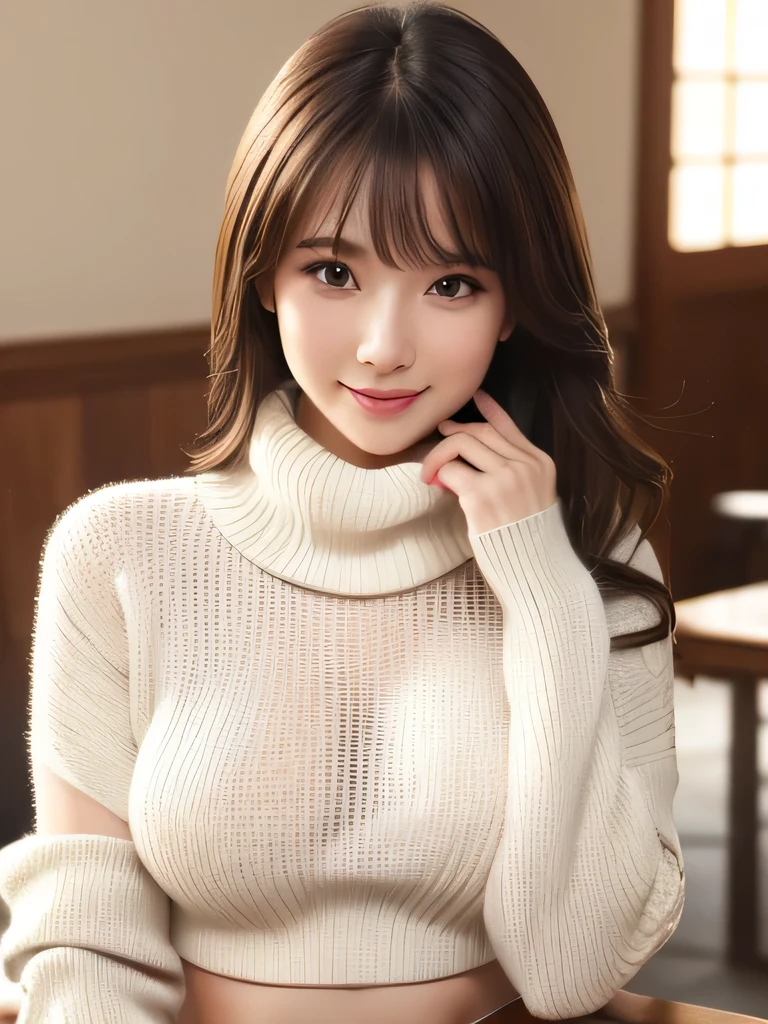 masterpiece, highest quality, One girl, (Beautiful girl, cute:1.3), (20-year-old:1.3), very fine resolution, (symmetrical eyes:1.3), (sweater, scarf:1.2), big breasts, big breasts, big chest, Double D size, show cleavage, brown eyes, parted bangs, brown hair, girl
