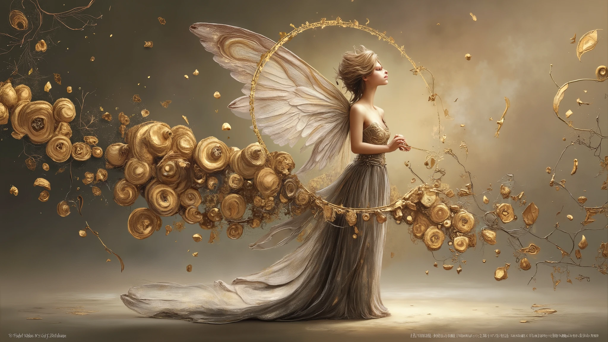 Fantasy fairy surrounded by golden mosaic elements, Gustav Klimt style, elegant and ethereal, neutral background with intricate golden patterns, soft diffused lighting, shimmering gold and warm tones, delicate and detailed, minimalistic yet majestic, digital art with emphasis on texture