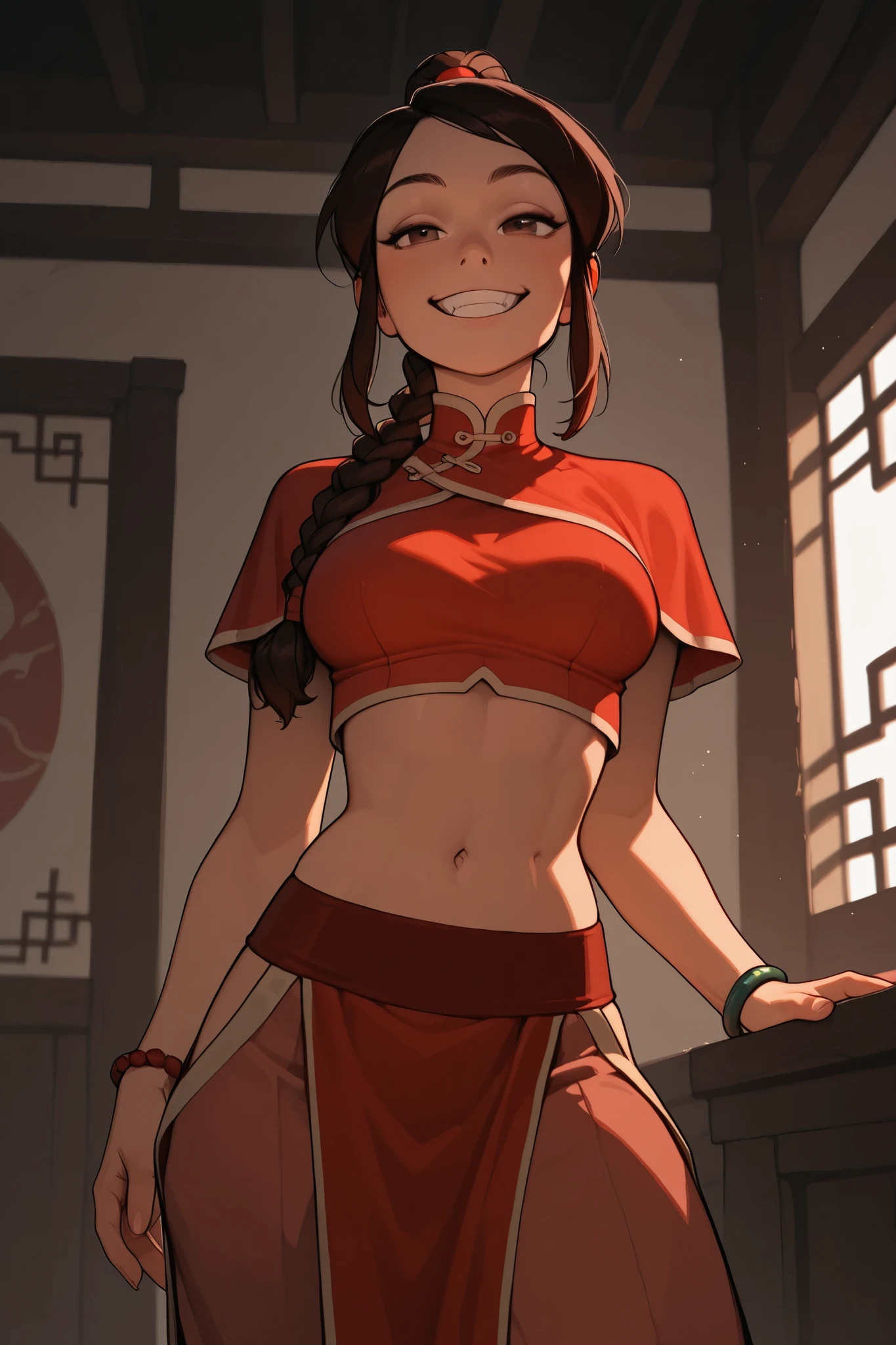 Ty Lee, long hair, brown hair, ponytail, braid, single braid, chinese clothes, bracelet, capelet, navel, midriff, pelvic curtain, pants, breasts, incoth, (incase:0.6), wicked grin, indoors, medium shot
