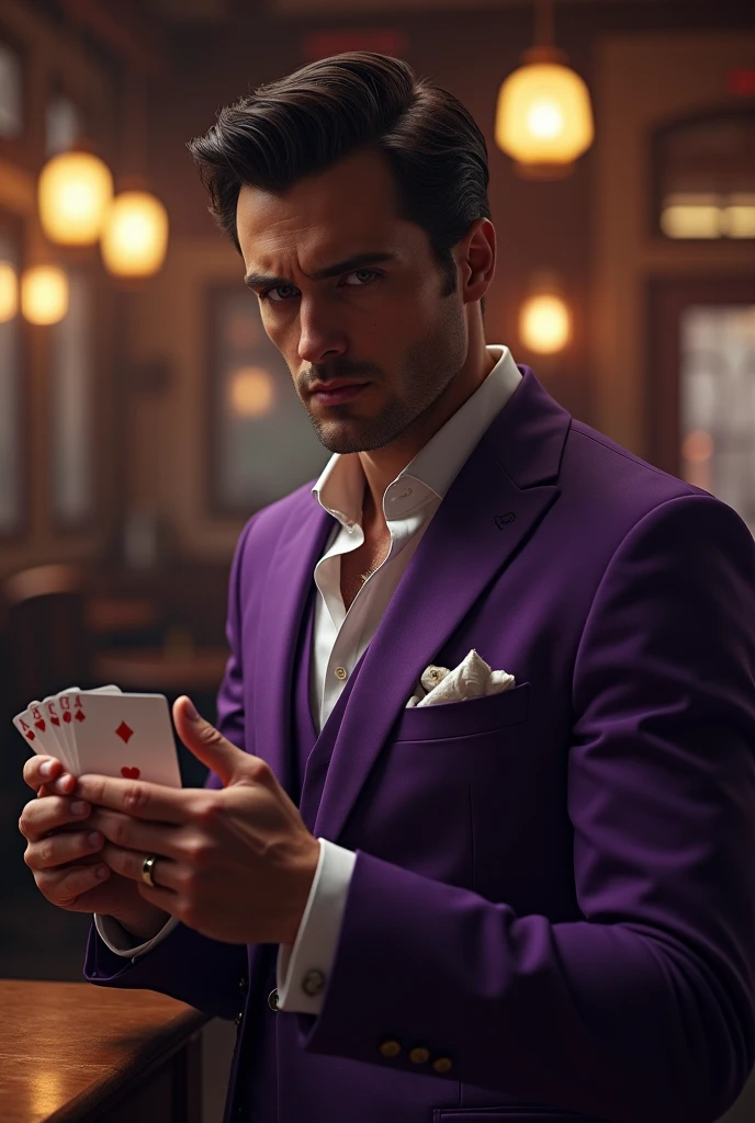 arafed man in a purple suit sitting at a table with poker chips, guy using the purple fancy suit, wearing a purple smoking jacket, the card player man, playing poker, a purple suit jacket, casino, wearing a colorful men's suit, poker, indoor casino, gambling, poker card style, portrait shot, wsop, handsome man, photo still