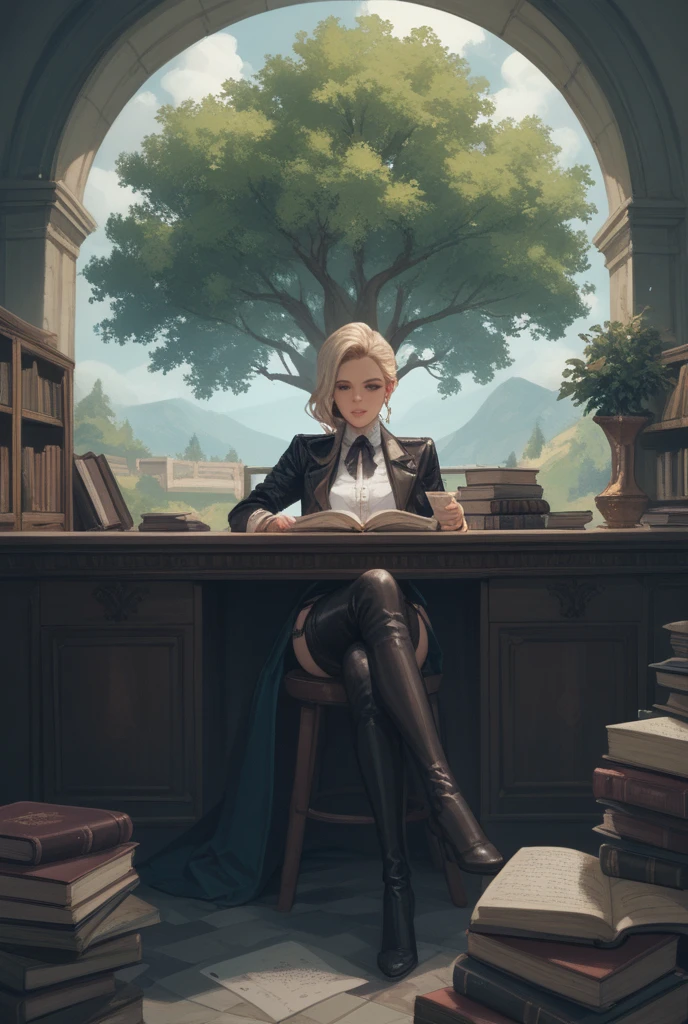 <lora:CelinePXL:1> 1girl, portrait, in a park, dappled sunlight, books, realistic, black sweater, hakama skirt, big belt, sitting on bench, reading, cross legs, tight boots, <lora:hand 4:0.8> Hand, detailed, perfect, perfection, hands
