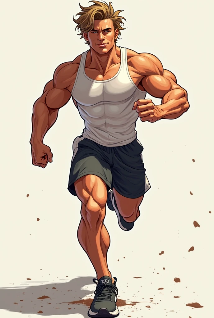 In the morning corridor, there's a slender and mascular young man in his tighty whities. He is running. He is pissing himself. His tighty whities has a pee wet spot around the bulge of his briefs. His pee is dropping off from his briefs There's pee puddles on the floor. He holds his crotch to stop pissing but his pee is still leaking out. He looks panicking and embarrassed. Anime.