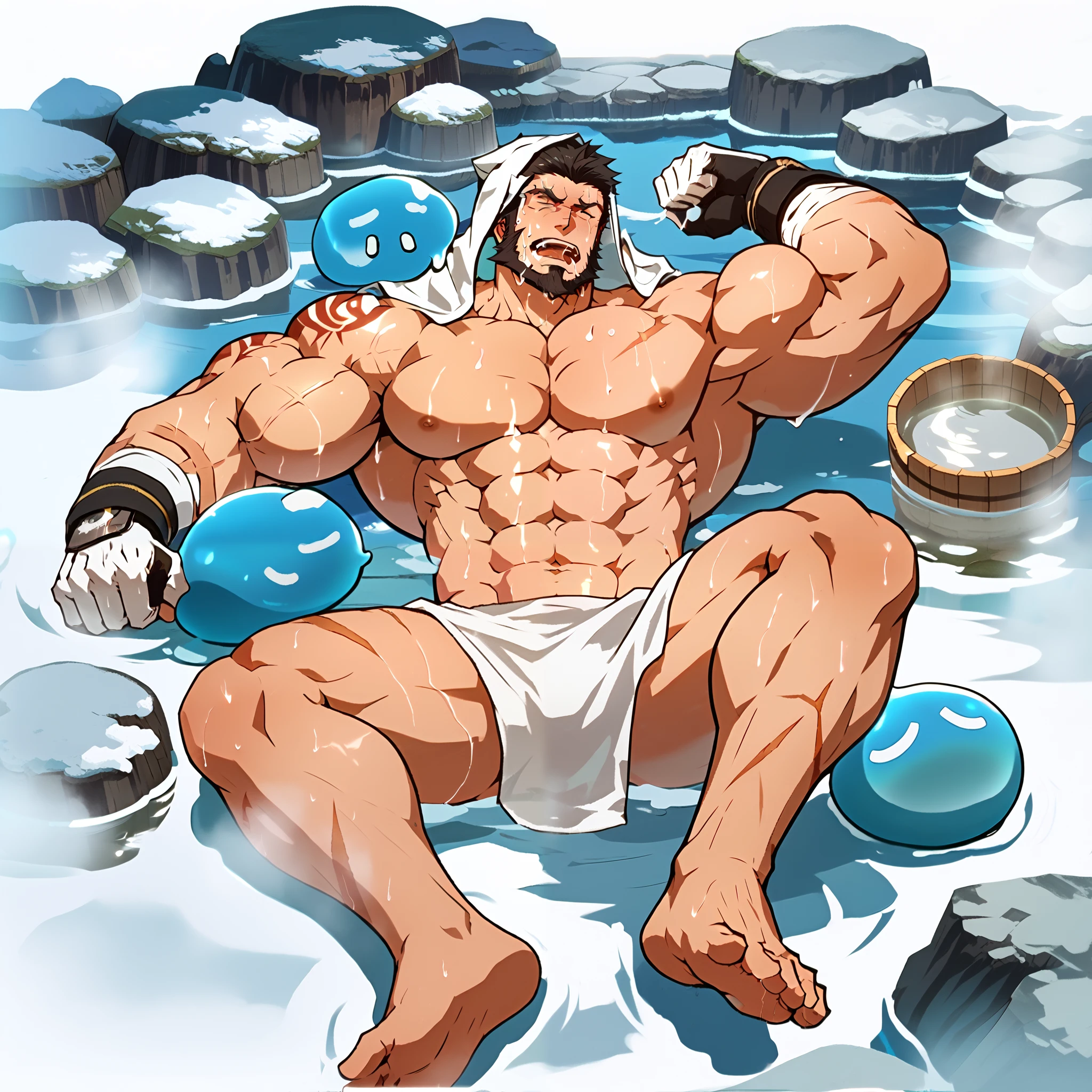 high detail,perfect body proportions, masterpiece,a muscular boy, mature male,short black hair, white streak, Gloves, Topless , scar, biceps , right arm dragon tattoo,beard, manhood , full body,Sweat,Lying down,Sit on your abs,breast licking ,Hot Springs, Bare Feet ,hyper ,Porn,moan, ,Slime,