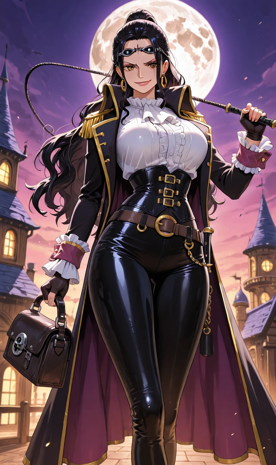  (8k, best quality, masterpiece:1.2), (best quality:1.0), (ultra highres:1.0), model shoot style, (extremely detailed CG unity 8k wallpaper), full shot body photo of girl (white skin), red lipstick, battle-stance, Sharp focus, high-quality digital art, wavy long hair, black hair, bangs, straight bangs, windblown hair, glowing red eyes, red eyes, red lips, picture-perfect face, flawless, clean, masterpiece, (((sharp))) ((focus)) (instagram) (8k) masterpiece, beautiful outfit, corset belt, black pants, delicate tracing, royal military coat, intricate pattern details,  gold accents, digital painting, night, dark sky, aurora, highly detailed light, cinematic light, battle ready-stance, high-quality, a digital painting masterpiece, best quality, absurdly high resolution, flames, ruins, swirling magic, detailed background, castle, gothic vibe, moon in the sky, shiny reflection, intricate details, glow, shiny hair, long black hair, lustrous skin, smooth, vampire aesthetic