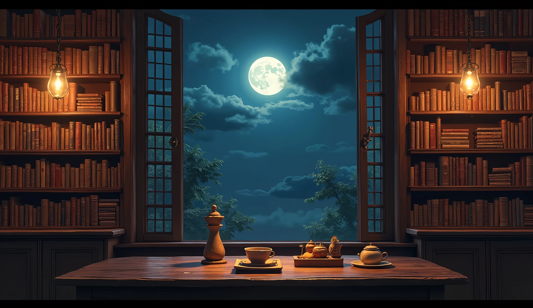 hyper detailed, insanely detailed, background, bar, tea, in the bar, with a table, at night, photorealistic, from front, wide view, cinematic lighting, dynamic angle, with a full moon, with a bookshelf, with a book