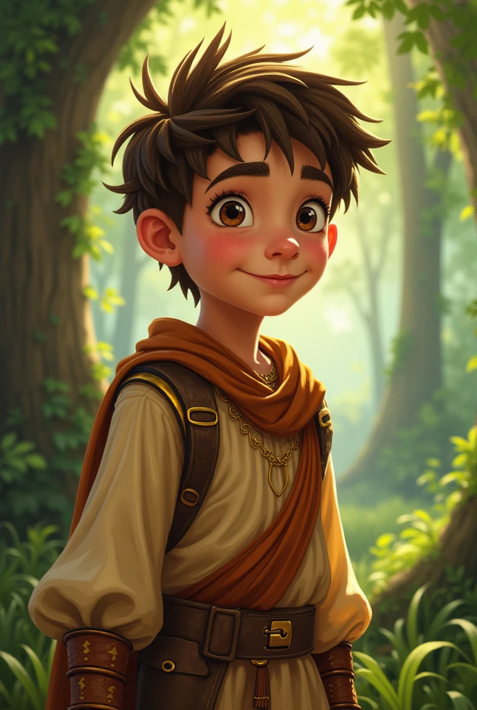 Create a 2d drawing of an attractive young prince, Medieval, boy about 18 years old, with a beautiful appearance and youthful build, Who lived in the 15th century. Blonde brown hair. green eyes. Con corona Medieval. 
Su atuendo es Medieval, in shades of rainbow color. Y on his outfit, wearing a colored tunic of all the colors of the rainbow. 
Use a small bread flute made of reeds. Wear high boots to cross a forest.