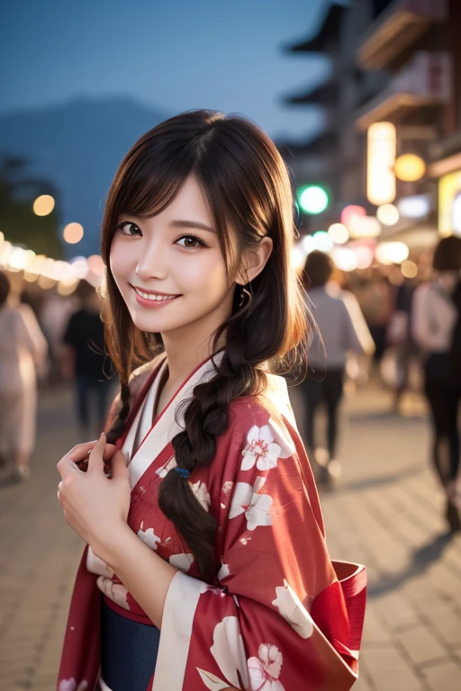 ((( top quality, 8k, Masterpiece))), Clear focus, ( beautiful woman with perfect figure ), slender, ( hairstyles at their best: up )), (( kimono: Cane)), street: 1.2 High Definition Face and Skin Textures Detailed Eyes Double Eyelids Random Postures, (smile),s up er cute Japan person,s up er beauty Japanese girl, realistic face, double eyelids,smile, Summer Festival , At sunset ,Fireworks Background.