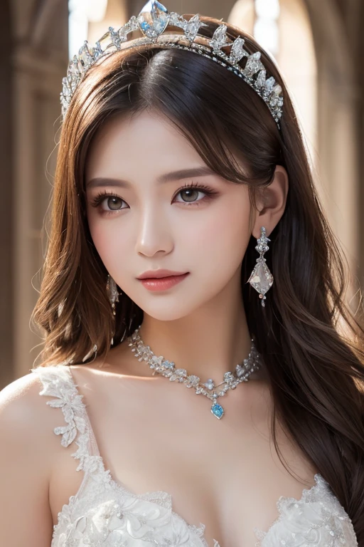 (Masterpiece, top quality: 1.4), detailed background, White Crystal, Crystal Clusters , long hair, jewelry, earrings, necklace, crown, bride, Gray Hair, halo,