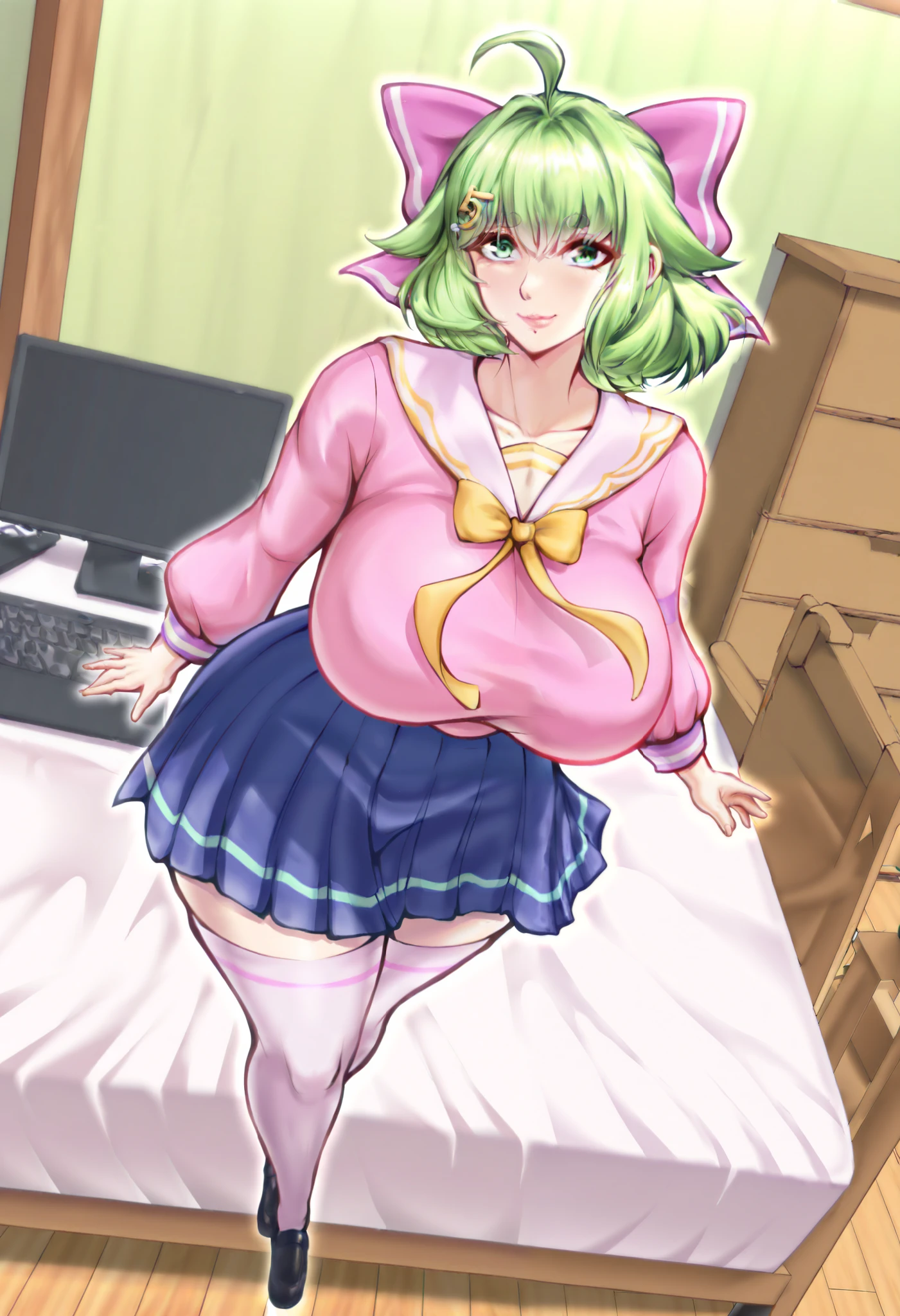 Masterpiece, best quality, high resolution, 1girl ,full body shot, (best quality), (ultra-detailed), (masterpiece, best quality:1.3), 1female, adult, Masterpiece, Best Quality, hi res,HD, detailed 1girl ,anime, mature female, indoors, smile, age 30 - 40 ,curvy, milf, mother, NSFW,short green hair, green eyes, purple bow headdress, sailor suit, blue pleated skirt, white stockings, Green Hair Bow Girl,ahoge / stray hair,M-shaped fringe / M-shaped bangs Short green hair, green eyes, purple bow headpiece, Barrette . Hair bow voluptuous, voluptuous female, looking at viewer, high resolution, 8k, 4K, high detail, detailed bangs, detailed hair, high detail face, high detail eyes, detailed lips, dynamic shot, dynamic angle, small nose,GreenHairBowGirl, ,Pink dress, long sleeve,Hair bow,desk, computer,gamer,bed, chair, bedroom,looking at the viewer,((mature fingers)),Voluptuous body, curvy body, accurate fingers, GreenHairBowGirl ,Tsuma_Netori_Style