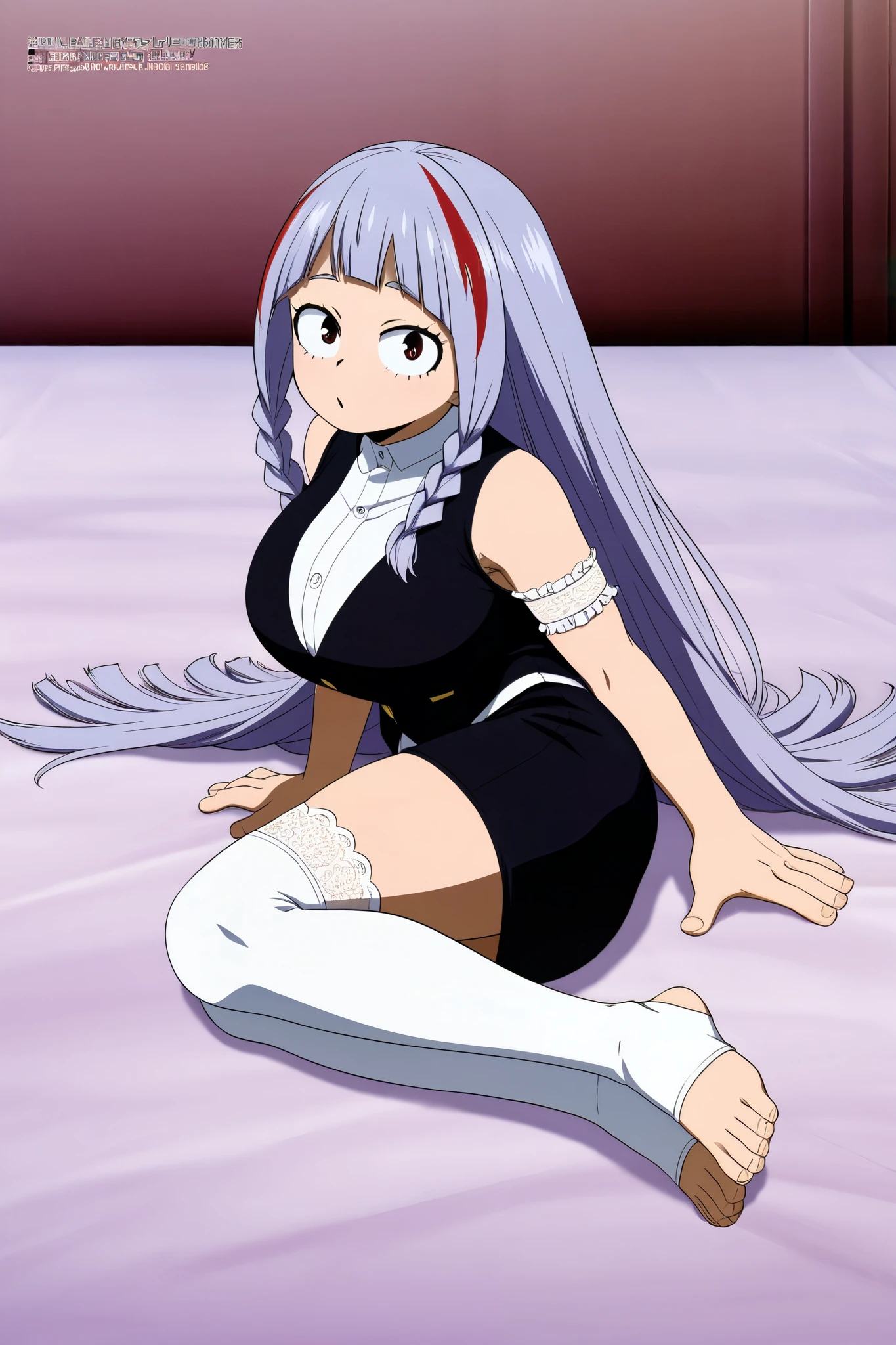 My Hero Academia 八Hundred万 Hundred,1lolly,megami magazine,huge breasts、big tareme,,long side braids light purple hair very long straight hair tsurim,only black vest、.black pencil skirt,white lace thigh-high socks , arm garter armlet, red streaked hair ,,smaller female,toeless legwear