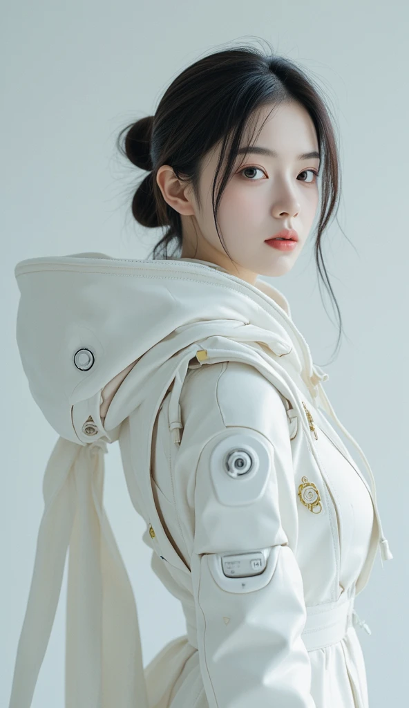 Wearing different types of armor, the face is covered, presenting a female figure at an angle of four thirds. The armor has white sleek equipment, inspired by foxes, porcelain robots, online Japanese style, shiny plastic texture and nanocarbon vest; At the same time, express the charming pearl texture and cyberpunk atmosphere. Wear tech suits and armor.
