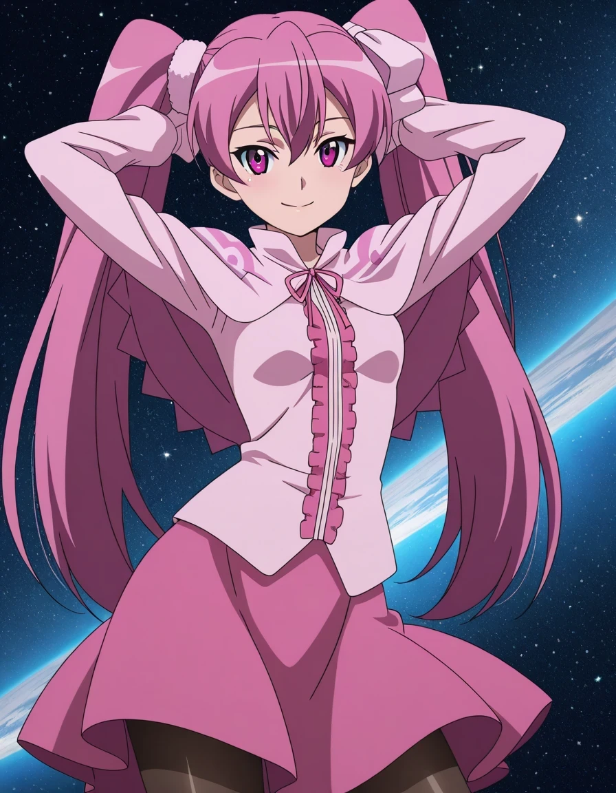 mine, long hair, twintails, pink hair, pink eyes, small breasts, mature female, anime screencap, dress, pantyhose, pink dress, capelet, pink capelet, pink skirt, skirt, long sleeves, shiny skin, solo, space, hands behind head, ((contrapposto)), closed mouth, cowboy shot, looking at viewer, smile, best quality,