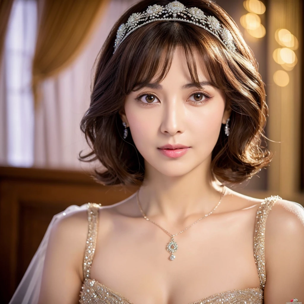 (masterpiece, best quality: 1.4), Detailed background, White crystal, crystal cluster,long hair,jewelry, earrings, necklace, crown, bride, small breasts