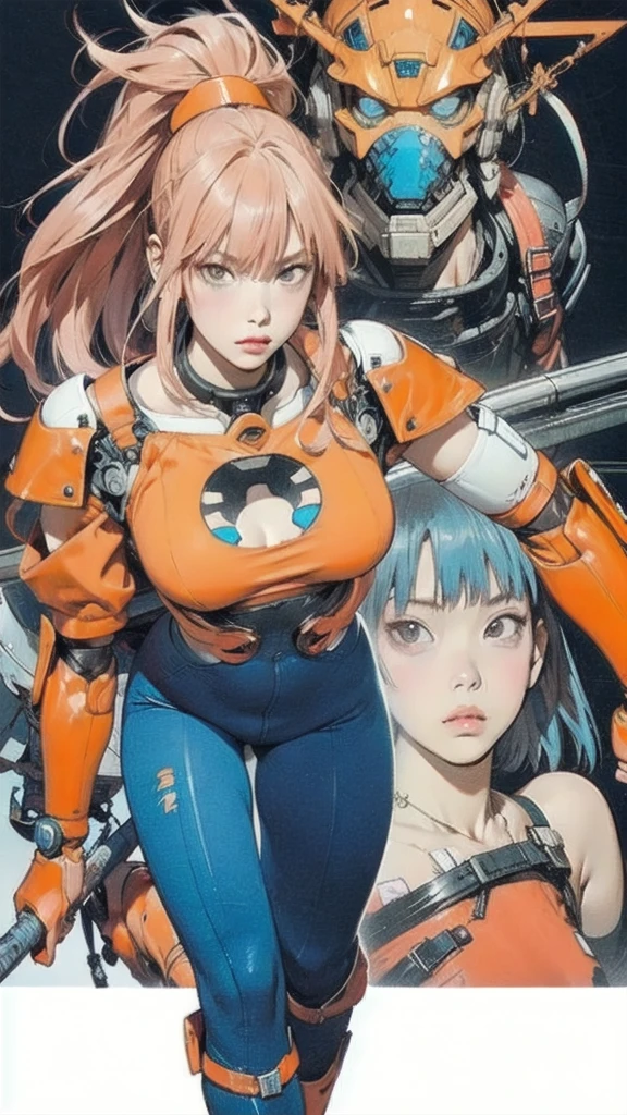 ((best qualityer)), ((Perfect masterpiece)), (detailded: 1.4), (absurdrez), (((predominant red in clothes))), (((whole body hard, corpo fitness, neckline showing part of the breasts)), (((woman with colored hair, blushful, evil smile))), 21 year old woman, beautiful sexy woman, giant robot pilot, wild with perfect corpo fitness, wearing small mecha battle armor clothes, tiny thong, Simon Bisley styled for the cover of Heavy Metal magazine, clothing with Japanese cyberpunk graphic patterns, Halftone pattern and vertical stripes, earth tone, exiting the body of a giant robot