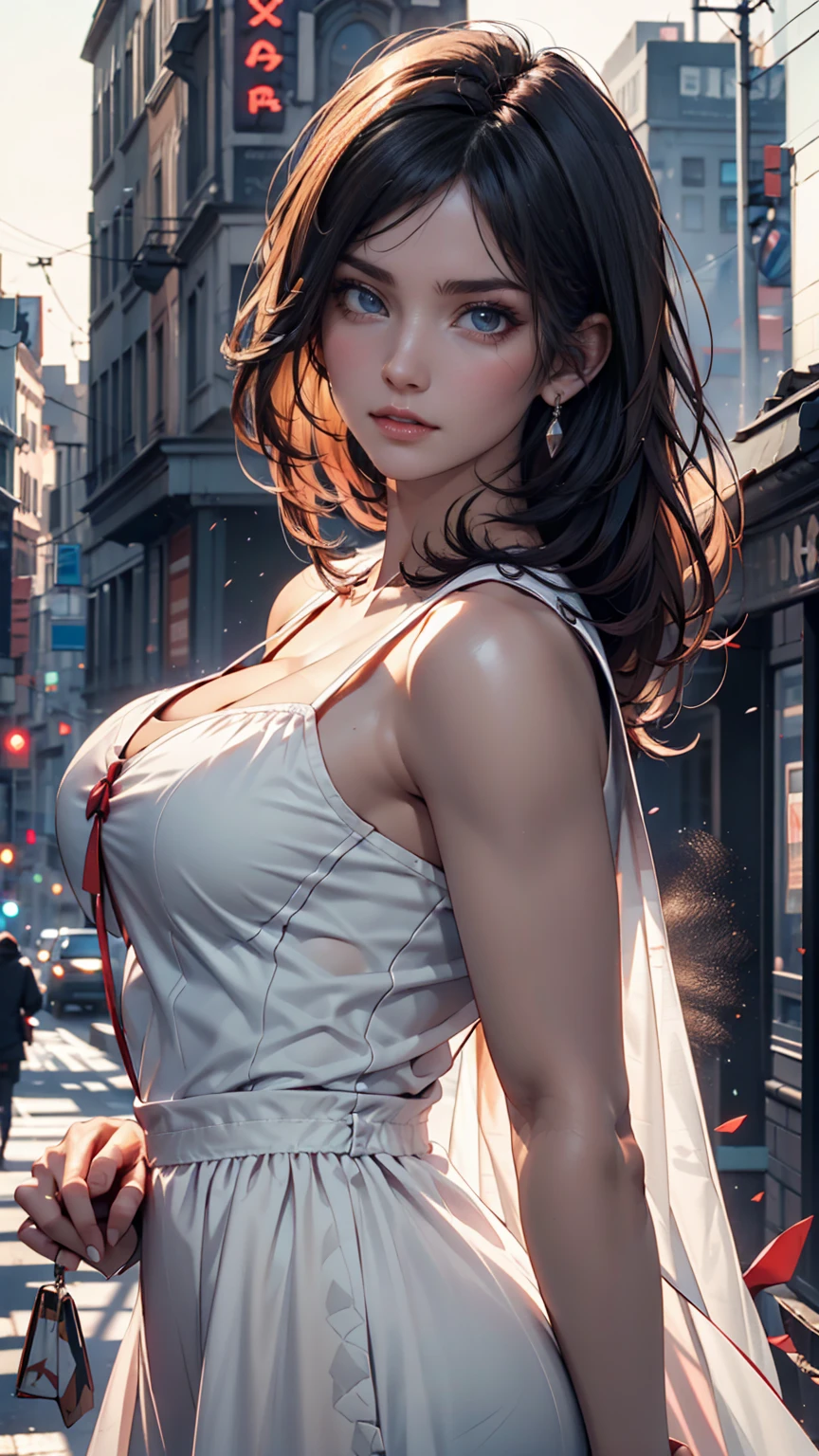 ((Highest quality, 8K, masterpiece :1.3)), One girl, smile, whole body, Slim face, Beautiful woman, (Dark brown hair), Full-length dress :1.1, Highly detailed face, Fine grain, double eyelid, Blur the background, Slim face, city, outside, street, Sexy proportions、Narrow waist、Sexy、