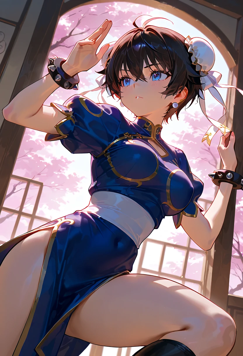 chun li,beautiful young fitness woman with ,dressing May in black pantyhose, sample breasts,squeezing her breasts with her hands. hands on breasts,hands covering breasts,standing alone,hair horns,glowing purple eyes,Evil smile,legging preto juri han,labiaa,blue outfit,petticoat
