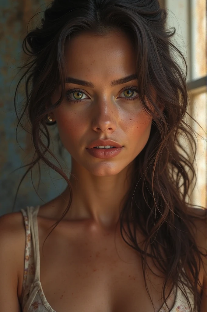 (photorealism:1.2), beautiful woman, green eyes, long curly hair, take a shower