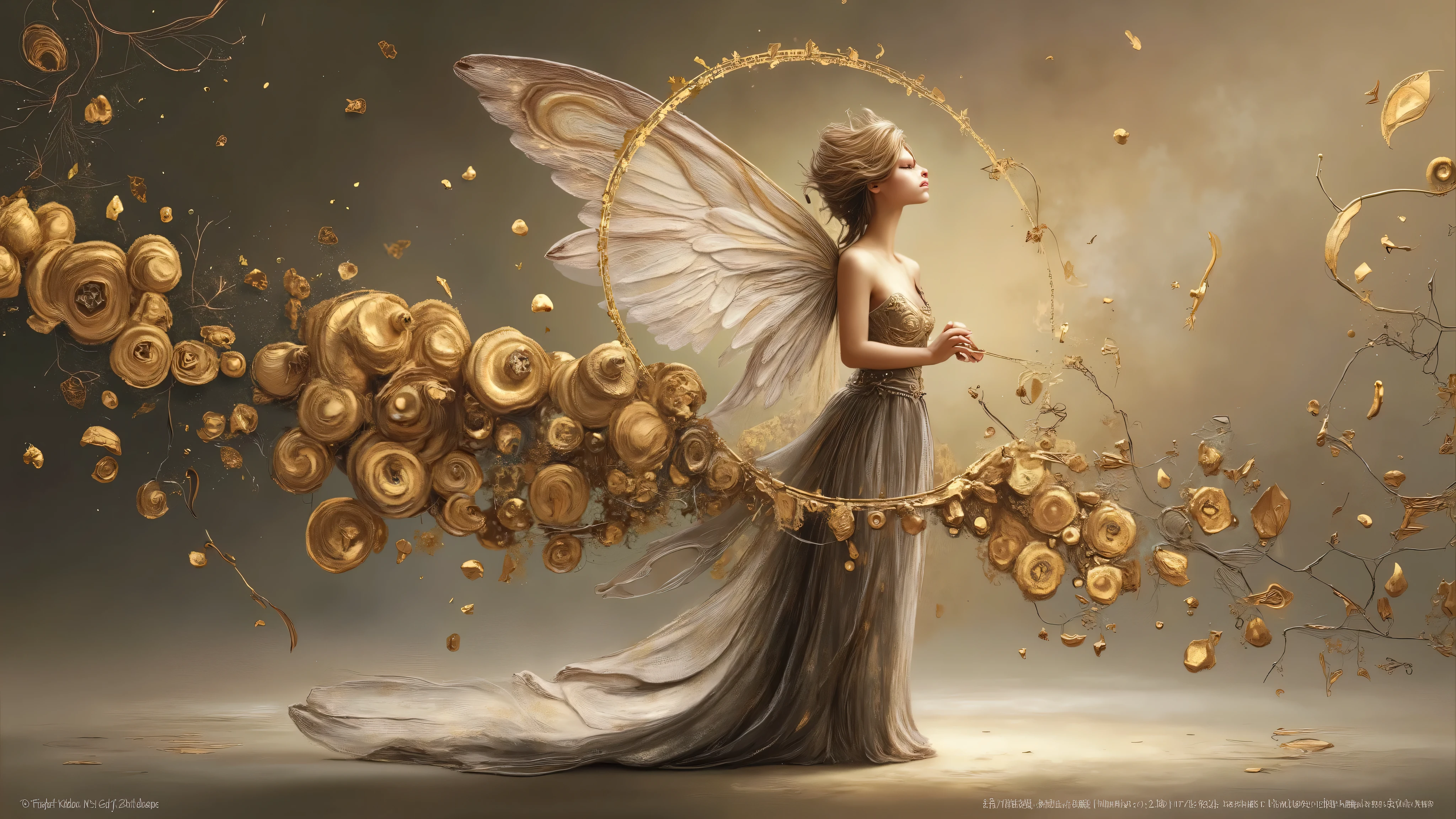 Fantasy fairy surrounded by golden mosaic elements, Gustav Klimt style, elegant and ethereal, neutral background with intricate golden patterns, soft diffused lighting, shimmering gold and warm tones, delicate and detailed, minimalistic yet majestic, digital art with emphasis on texture