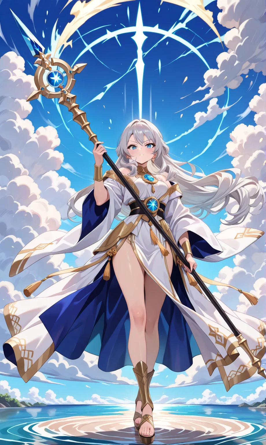 masterpiece、highest quality、Super high quality、8k、realistic、1 Beautiful Girl、Drooping eyes、gentle expression、smile、Generous、Wizard Cosplay、witch、off shoulder、flashy tight skirt、knee-high socks with frills、magic wand、dynamic pose、Angle of movement、sexy body、big breasts、big breasts、Beautiful valley、thin thighs、thin waist、long legs、white panties、fairy tale world、magical world
