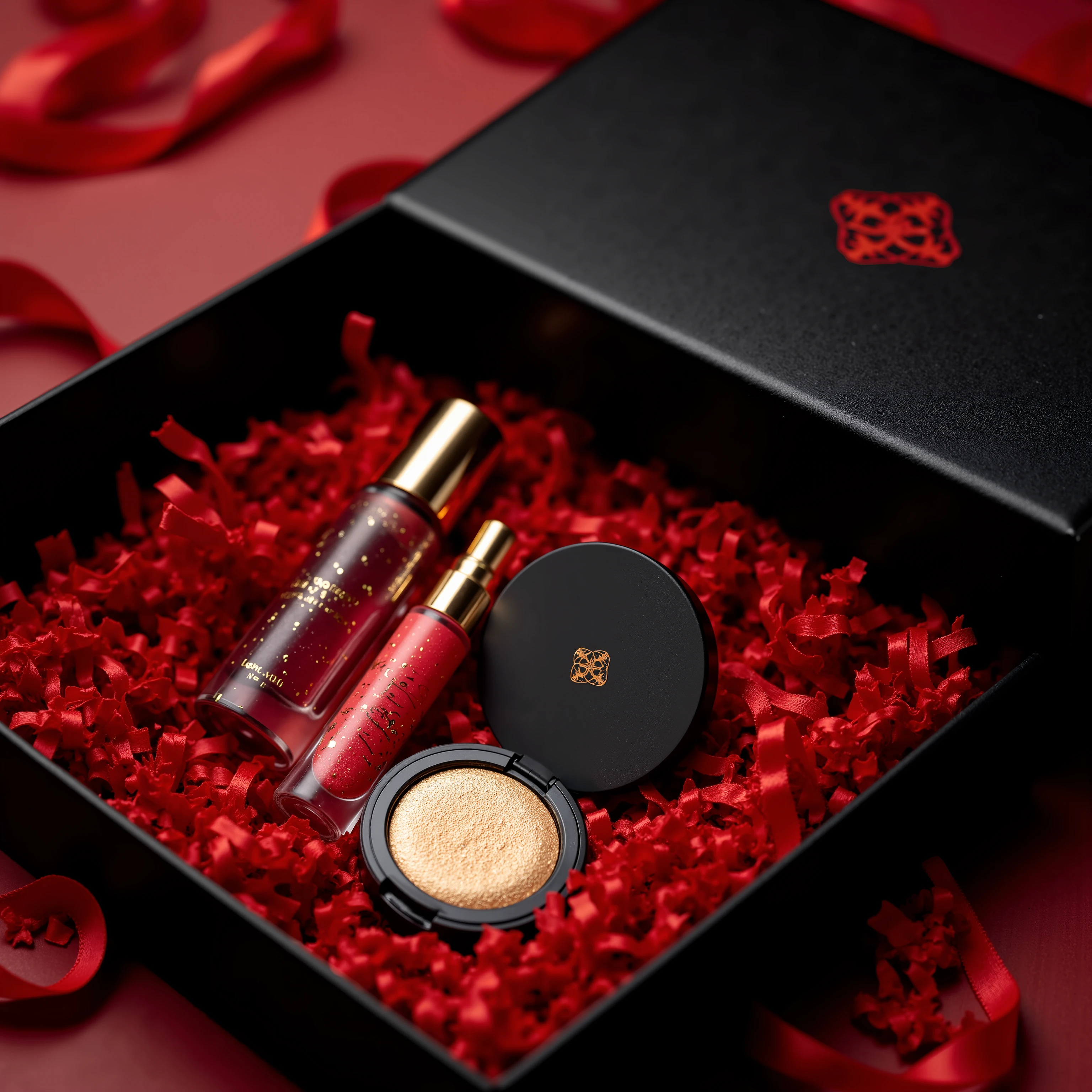A luxurious black gift box with a metallic red logo is elegantly positioned with its lid slightly open, revealing premium cosmetic products nestled in vibrant red shredded paper filler. Inside, two sleek transparent bottles shimmer under the soft lighting, their glass surfaces reflecting delicate highlights. A compact powder case with a velvety matte finish and shimmering gold texture adds a sophisticated touch. The contrast between the deep black box and the bold red elements creates a striking visual impact. The scene is enhanced with Glazing and Airbrushing techniques to refine textures, while Bloom Effect and Rim Lighting add a polished, high-end glow. This ultra-detailed rendering captures the essence of luxury product photography, creating a stunning, high-resolution masterpiece.