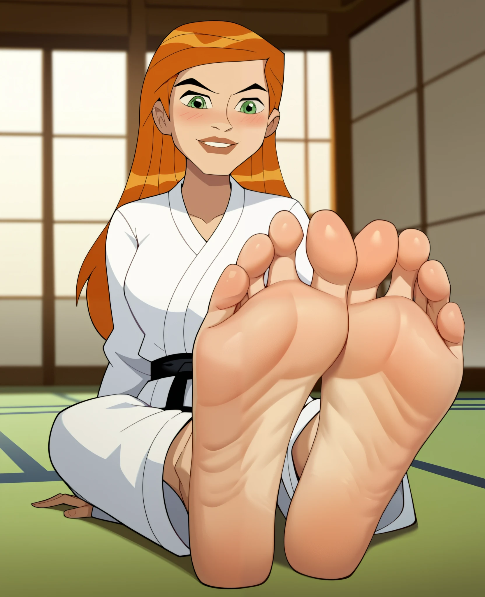 1girl, gwen tennyson, Orange hair, long hair, blush, smiling, sitting, showing feet soles, feet soles in foreground, feet focus, judo uniform, black belt, dojo interior, five toes in each foot