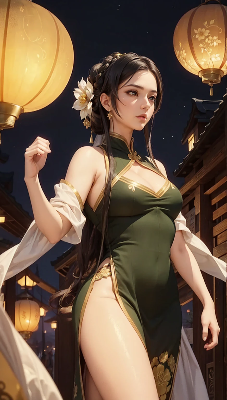 A charming painting of a Burmese beauty,Wearing a casual Burmese green longyi and white top, (Sagging breasts、Cleavage, cleveage、Thick thighs, Perfect body, )Curvy body, Perfect breasts, Pathein umbrella drawn in sexy pose with soft green floral pattern, Walking on public roads, Myanmar High School Plaza. Comic illustration