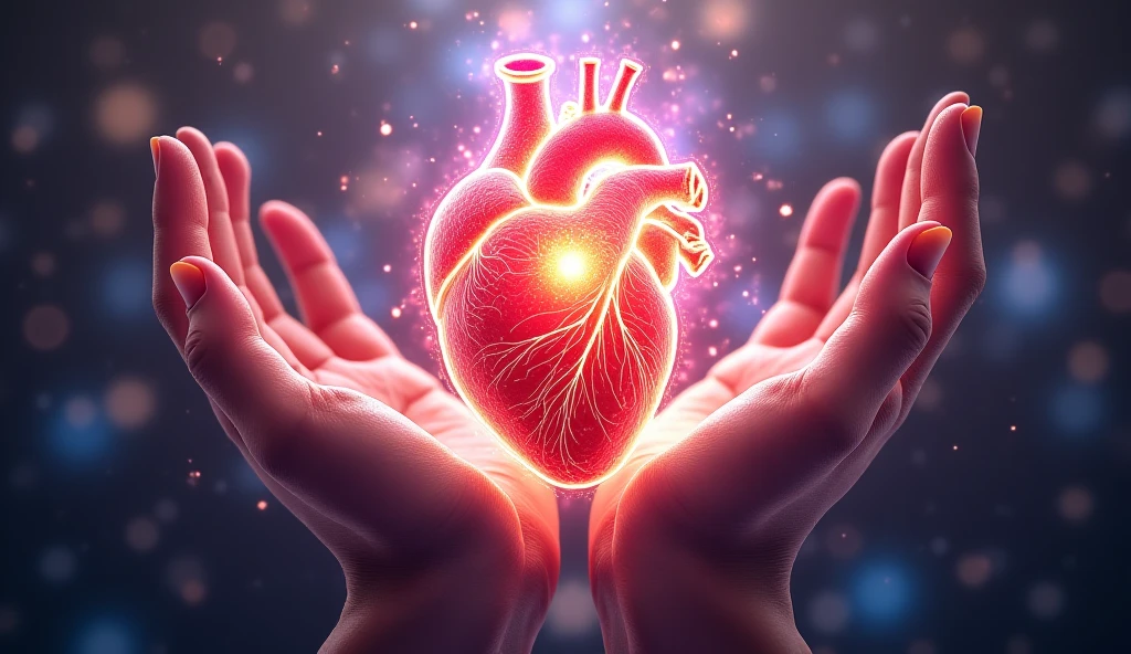  Create an image that represents the fusion of the human heart with the supernatural realm and the vast universe.

Imagine an ethereal and mysterious scenario. En el centro de la imagen, A human heart shines with a, sparkling light. The heart seems to be floating in a translucent mist, evoking a sense of mystery and transcendence.

From the heart, emanates a series of projections, each representing a unique aspect. Some projections take the form of elements of nature, like tree branches, flower petals or dancing flames, evoking a deep connection to the natural realm.

Other projections extend into outer space, turning into bright constellations, distant galaxies or rays of shooting stars. These cosmic projections symbolize the expansion of human emotion beyond the limits of Earth., connecting to the vast universe.

The color palette includes shades of sky blue, deep violet and gold, Creating a magical and spiritual atmosphere. The soft light emanating from the heart and projections contributes to a sense of peace and wonder.

The resulting image captures the idea of a human heart that transcends earthly boundaries, Exploring the Supernatural and Cosmic Realms. This fusion of the human and the divine creates a visual narrative that evokes the search for the deepest emotional connection and the expansion of one&#39;s essence into the vast universe.."